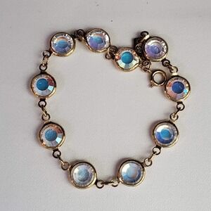 VTG Swarovski Aurora Borealis AB Crystal Bezel Gold Tone Bracelet Swan Logo
